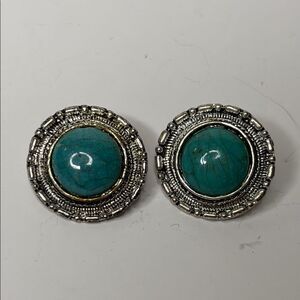 Silver Tone and Turquoise Colored Round Clip On Earrings